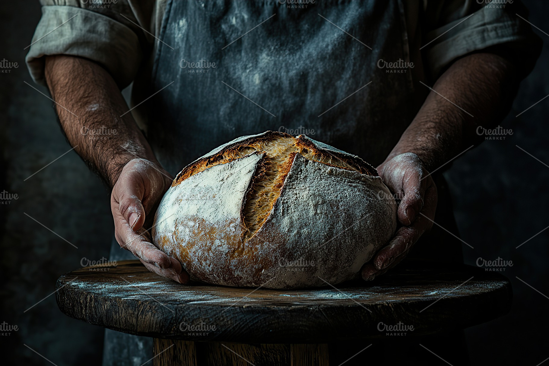 Baker shows freshly baked loaf on wooden table covered in white flour, a Food & Drink Photo by AlyaAnd