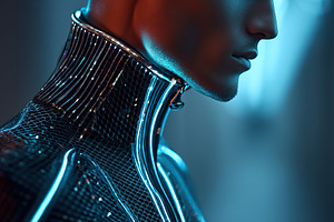 Young European man wearing a futuristic outfit with glowing accents in a styliz, a Person Photo by AlyaAnd