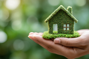 Hand holds small green house model, a Nature Photo by MistyDay