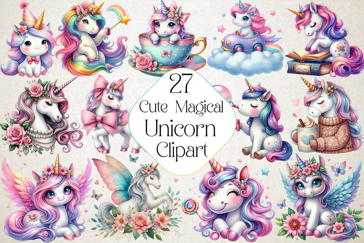 Cute Magical Unicorn Clipart, an Illustration by DreamPrint404 (Photo 1 of 4)