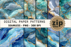 Sky Blue Gold Marble Digital Papers
