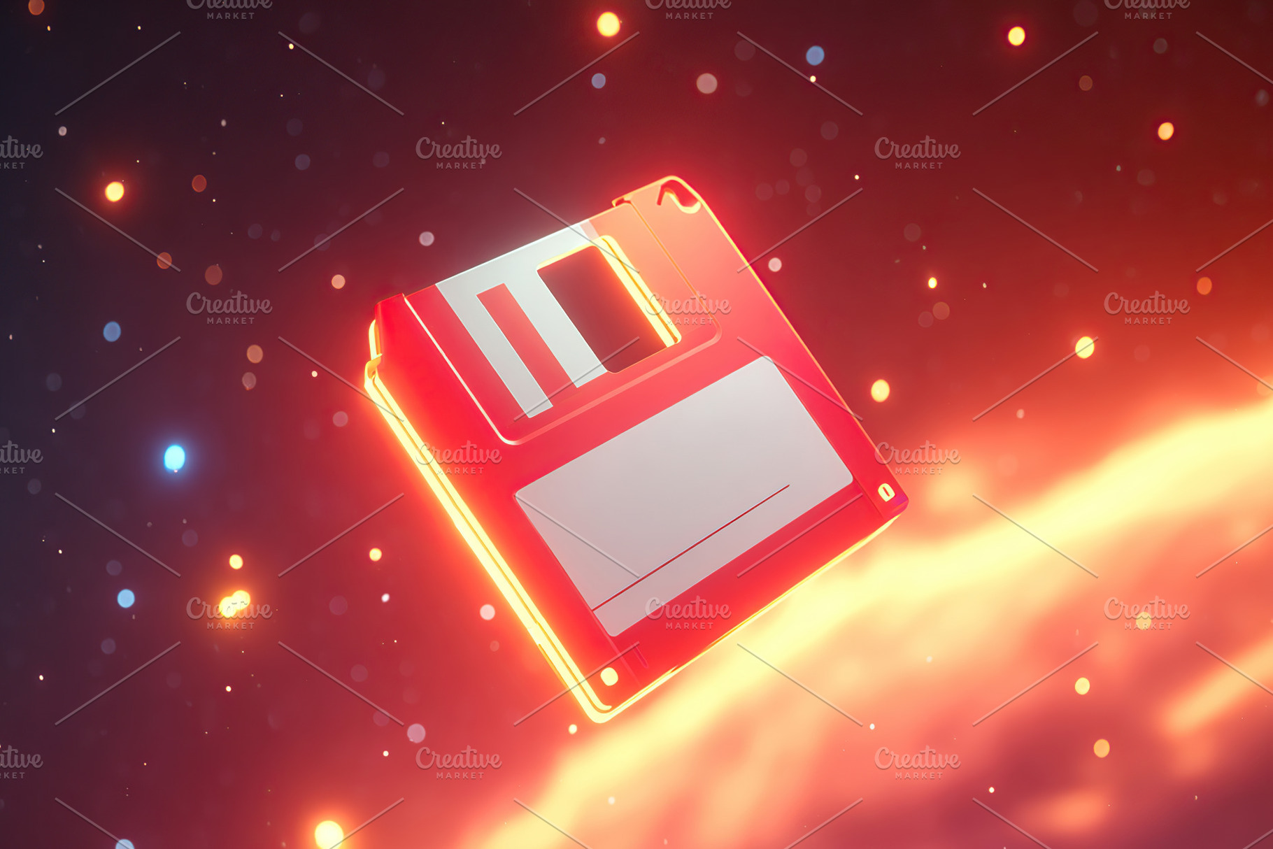Neon floppy disk floats in cosmic space surrounded by vibrant glowing particles, a Technology Photo by AlyaAnd