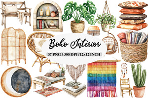 Watercolor Boho Interior Clipart, an Illustration by Daily.Designs