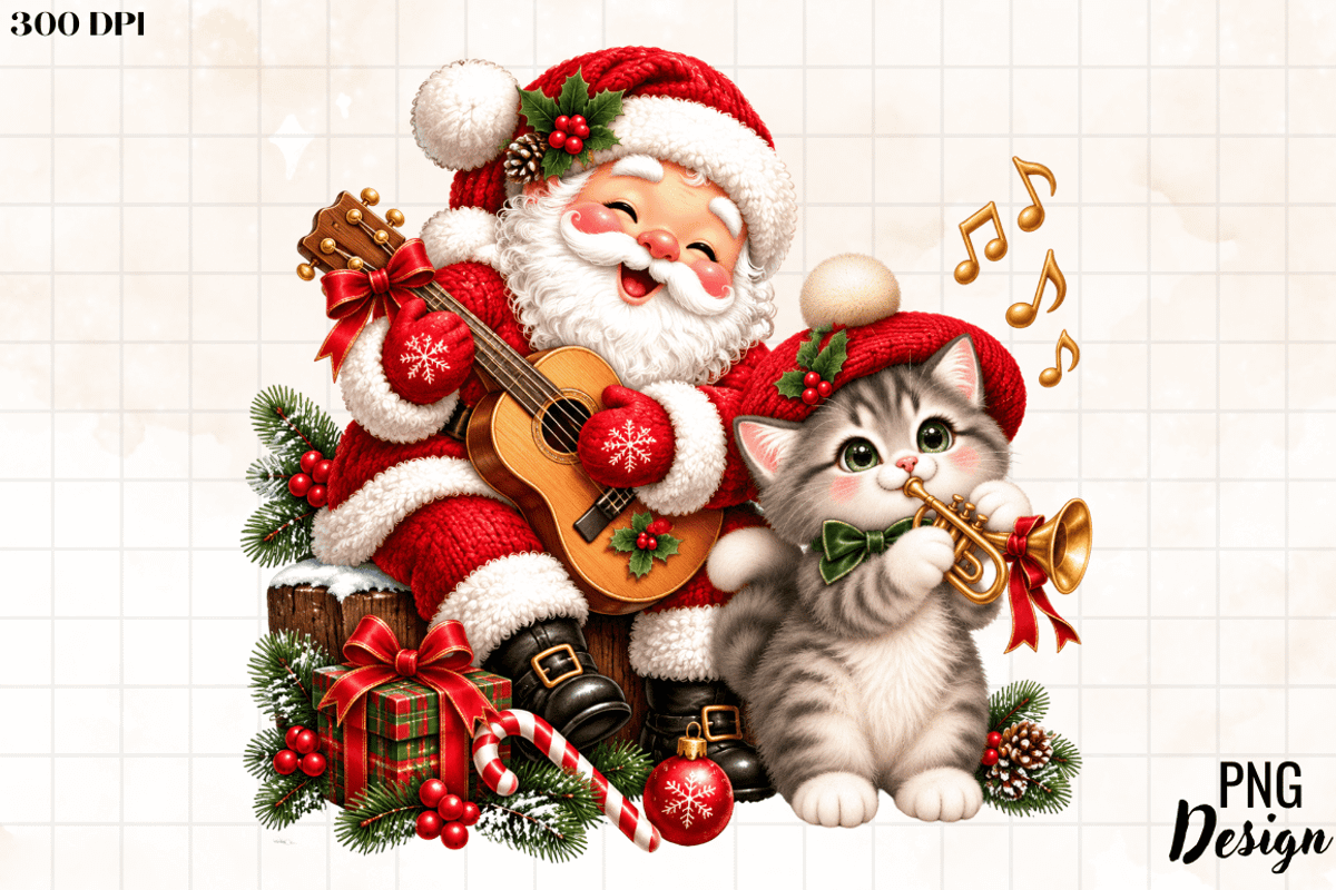 Santa Playing Guitar with Cat PNG, an Object Graphic by Cut File (Photo 2 of 2)