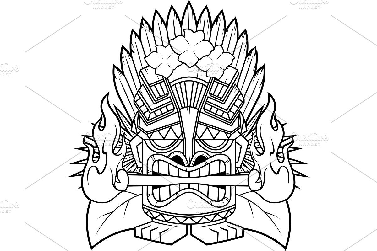 Black And White Fierce Tiki Mask, an Illustration by HitToon