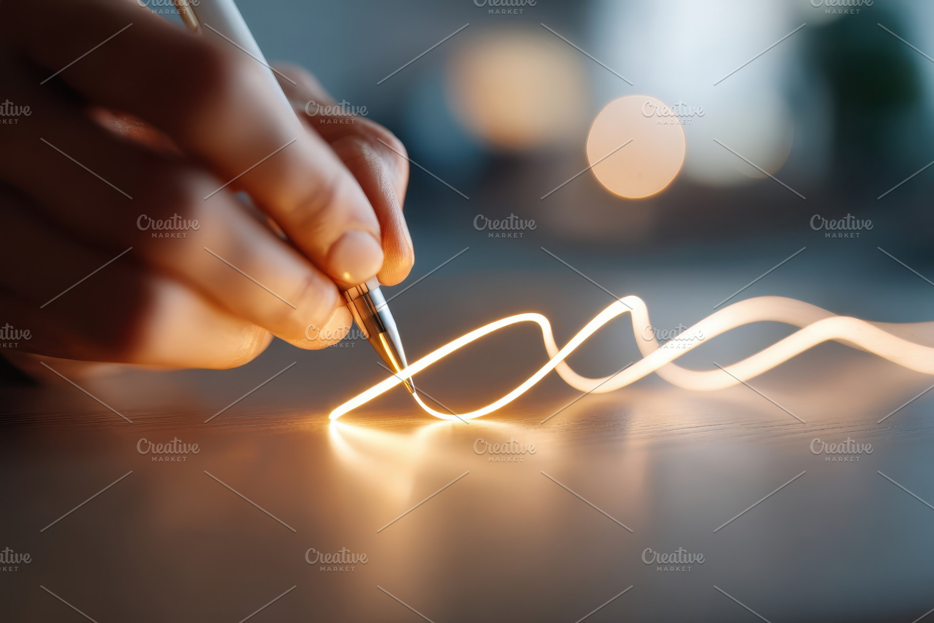 Glowing line created by a pen on a surface, an Abstract Photo by AlyaAnd