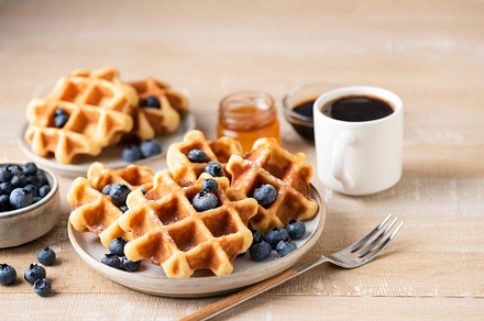 Belgian waffles with blueberries, a Food & Drink Photo by The baking man