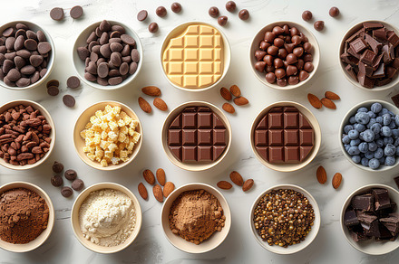 Collage of Various Tasty Chocolate Bars and Ingredients in Bowls on White Backg, a Photo by AS photostudio