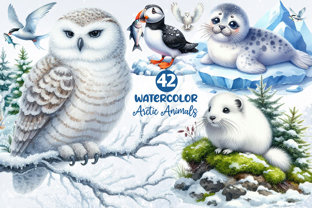 Watercolor Arctic Animals Clipart, an Illustration by Dream Creation (Photo 1 of 8)