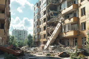 Destroyed apartment building after drone attack, military missile strike, an Architecture Photo by AlyaAnd