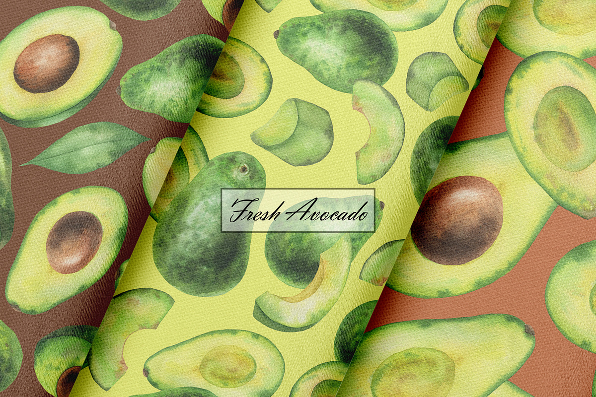 Watercolor Avocado Seamless Patterns, a Food Illustration by OlDm_Shop (Photo 6 of 10)