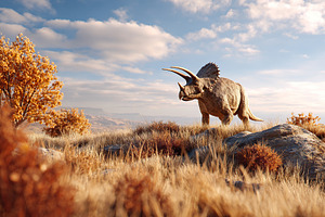 Majestic triceratops walking through a golden autumn landscape under a blue sky, a Photo by AlyaAnd