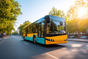 Modern city bus driving at sunset, a Transportation Photo by AlyaAnd