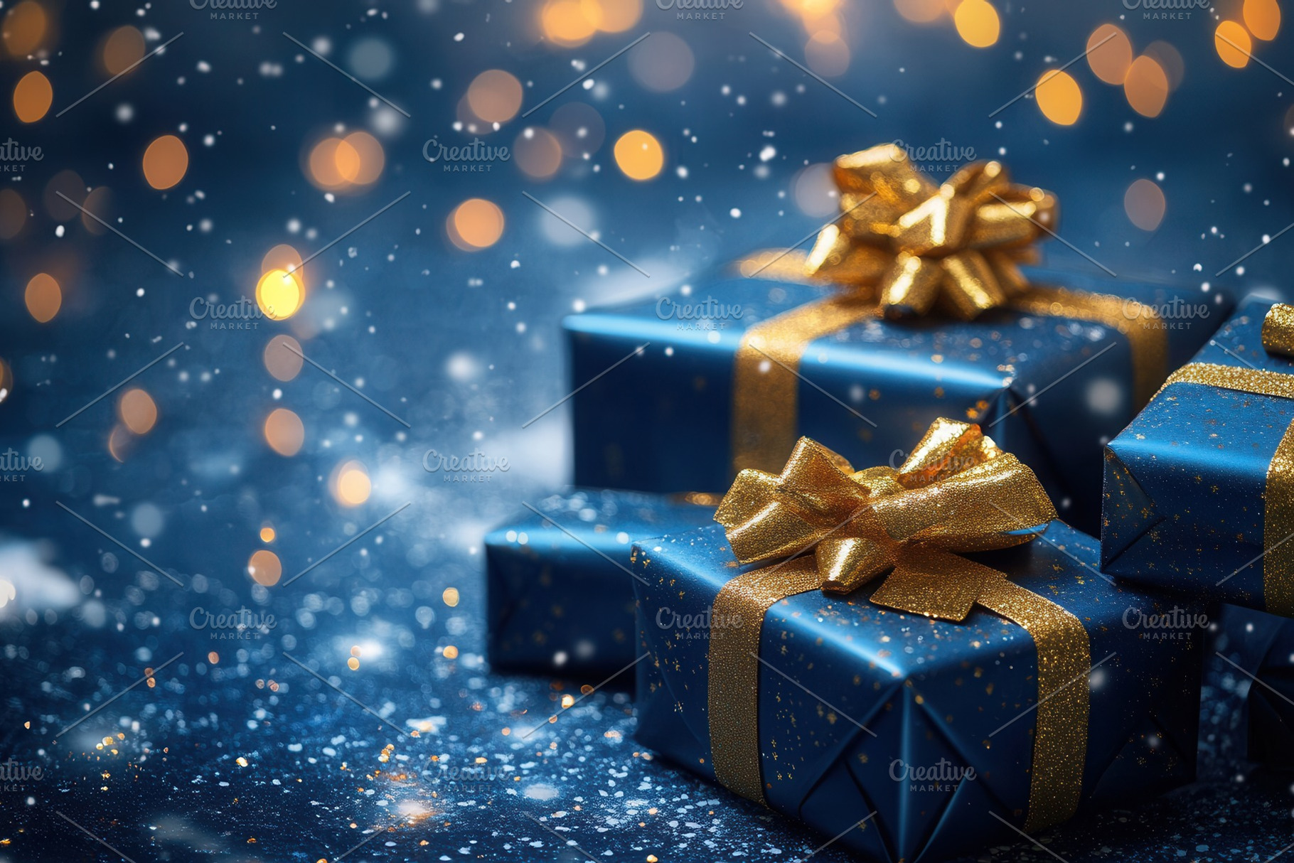 Blue gift boxes with gold bows, a Photo by Pavel_design