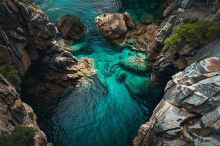 Turquoise waters glisten in a seclud, a Photo by Tanuart