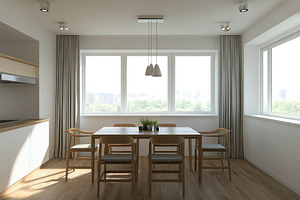 Interior of modern dining room with big window, a Photo by AlyaAnd