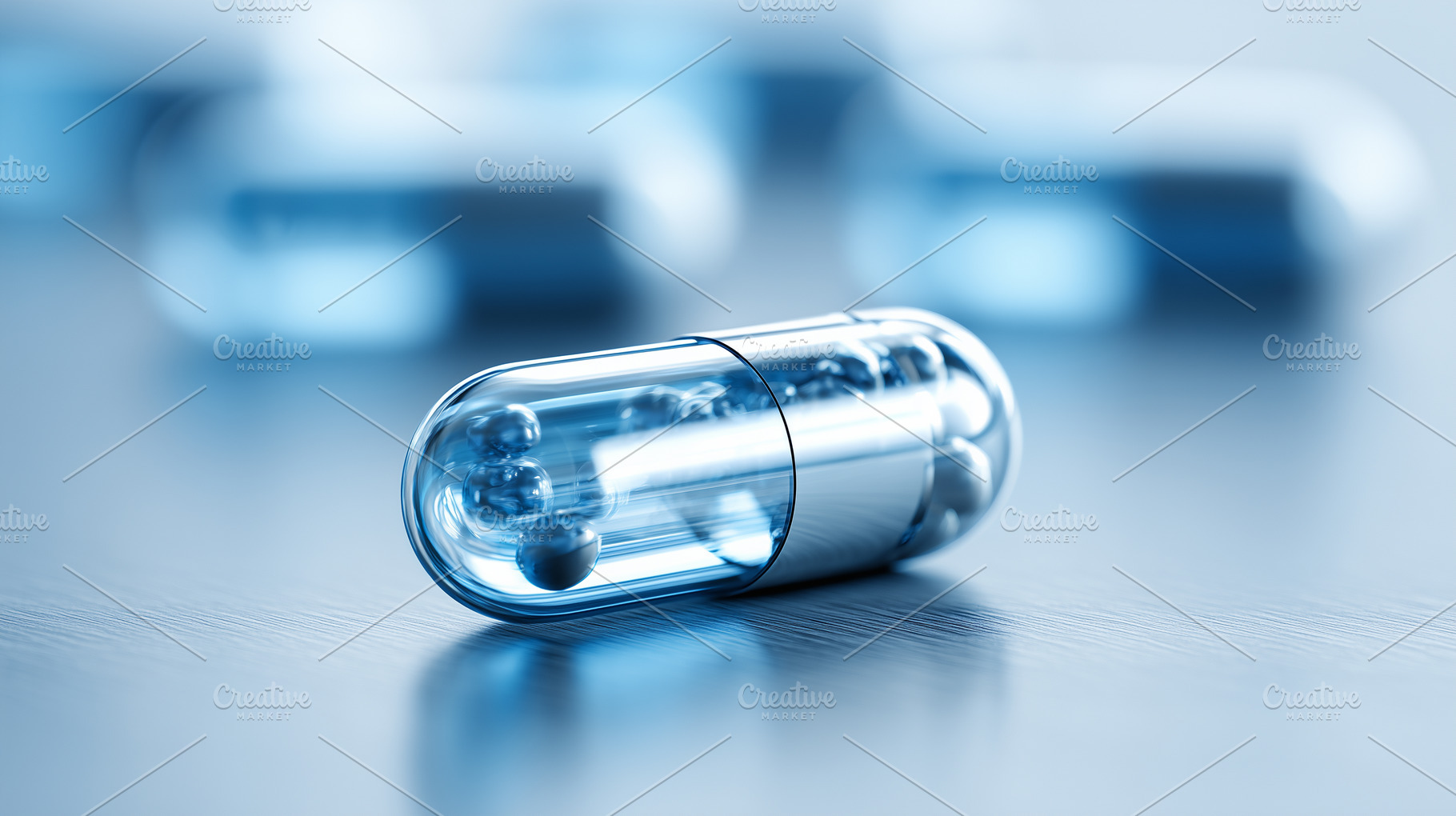 Close up of transparent blue capsule, a Health & Medical Photo by MistyDay