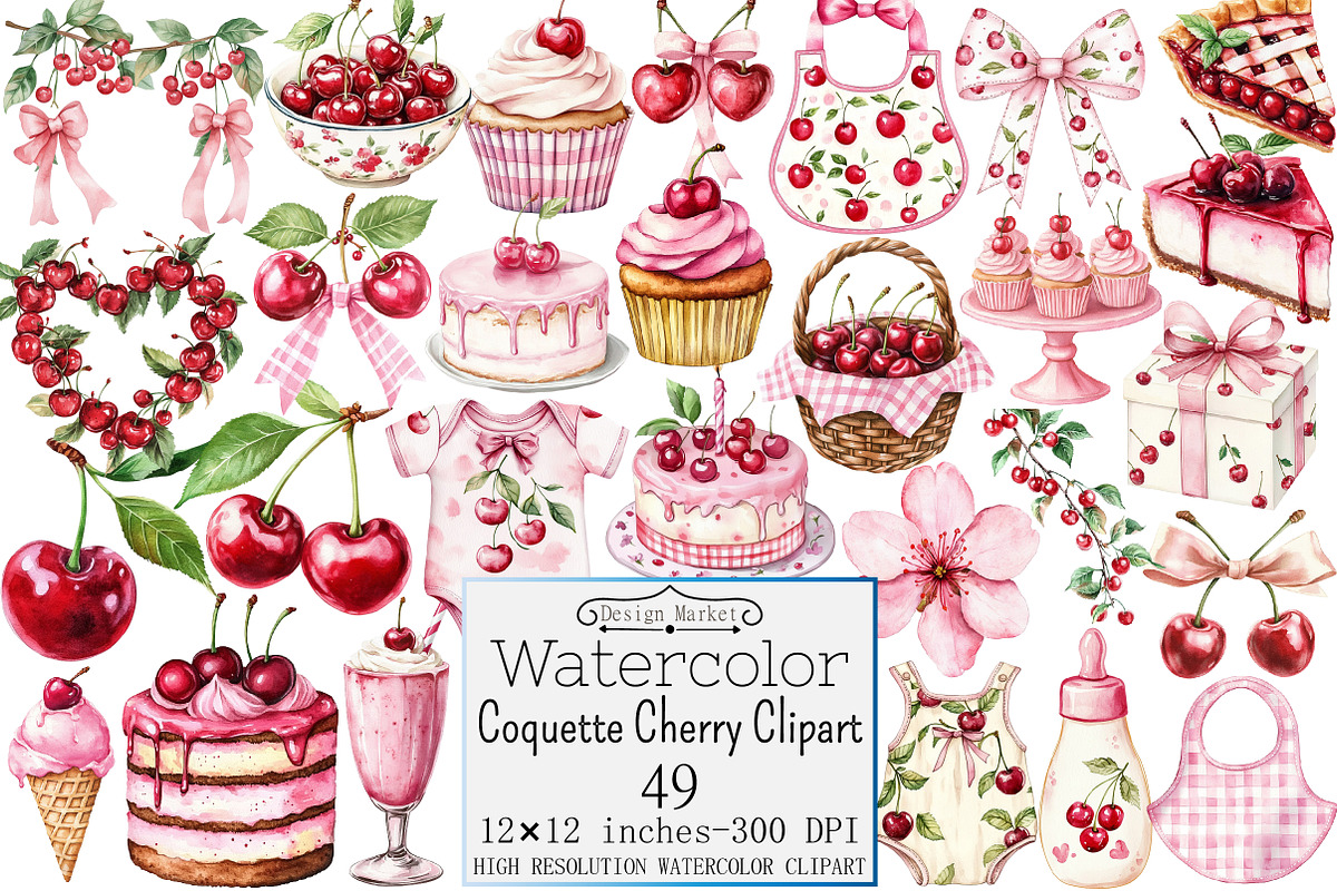 Watercolor Coquette Cherry Clipart, a Seasonal Illustration by Design Market (Photo 1 of 5)