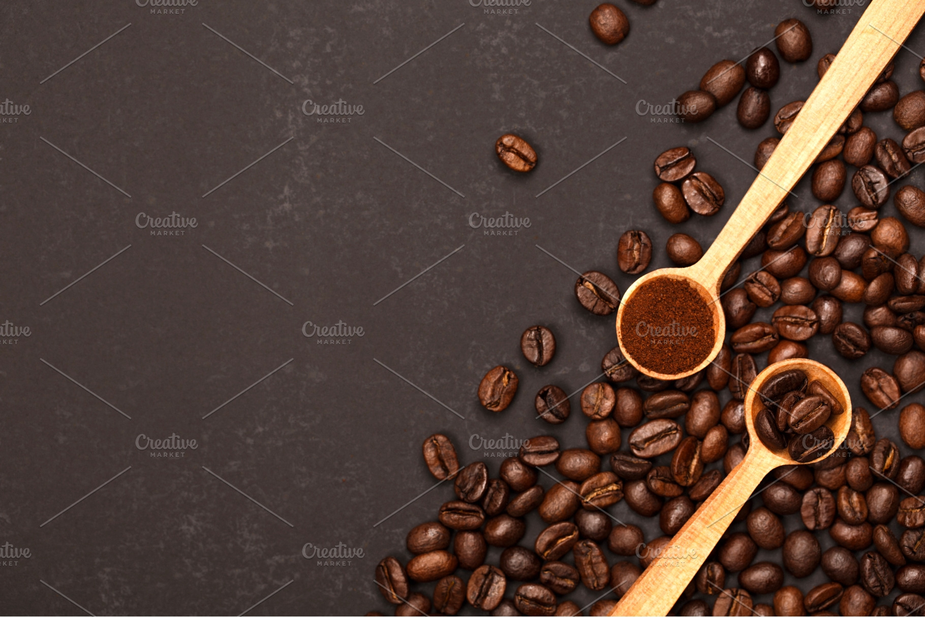 Ground coffee and beans in wooden, a Food & Drink Photo by Anna Efetova