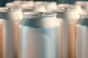 Close-up of multiple silver beer cans with blank surface as mock, a Photo by Dvoevnore photos