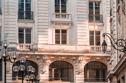 View from below on a facade containing architecture, paris, and facade, an Architecture Photo by Edalin's Store
