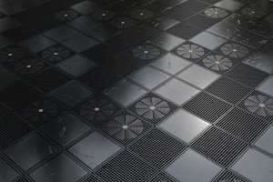 Dark industrial metal grid floor with square panels, an Industrial Photo by RF Images