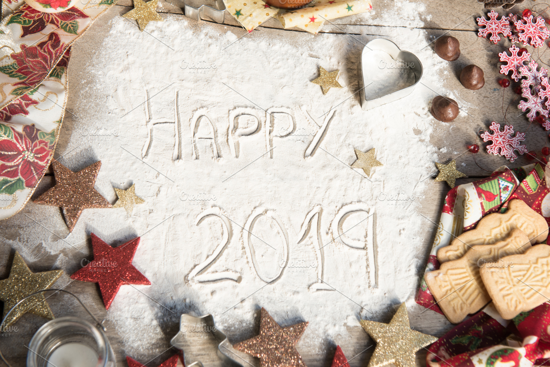 Happy 2019 text made with flour containing 2019, background, and bakery, a Holiday Photo by BREATING NATURE