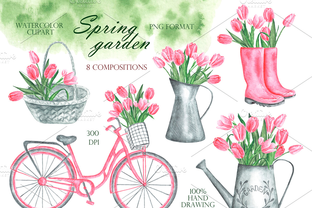 Pink tulips watercolor set. Flowers, an Illustration by SabinaWatercolorArt (Photo 3 of 14)