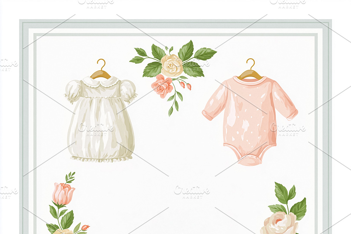 Baby shower frame with vintage infant clothing and romantic rose, an Illustration by Studio ANNA