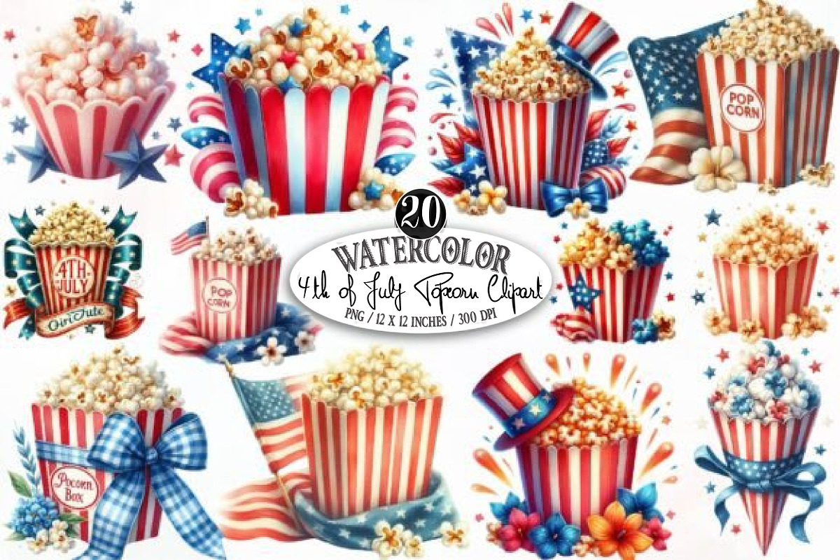 Watercolor 4th of July Popcorn Clip, an Illustration by Designking (Photo 1 of 3)