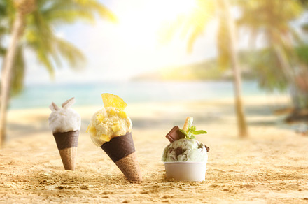 Background with cones and glass of ice-cream on the sand, a Food & Drink Photo by Davizro's Market