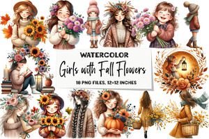 Girls with Fall Flowers Clipart, an Illustration by DreamArtGraphic