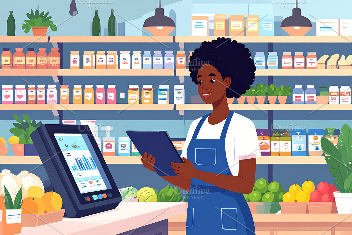 Cartoon illustration of woman holding tablet at small business e, a Technology Illustration by DanFLCreativo