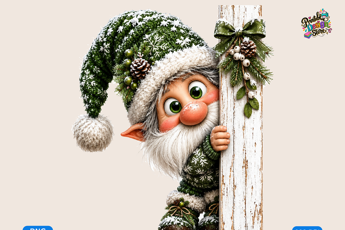Snowy Gnome Peeking Around a Post, a Seasonal Illustration by Printable Design Store (Photo 1 of 3)