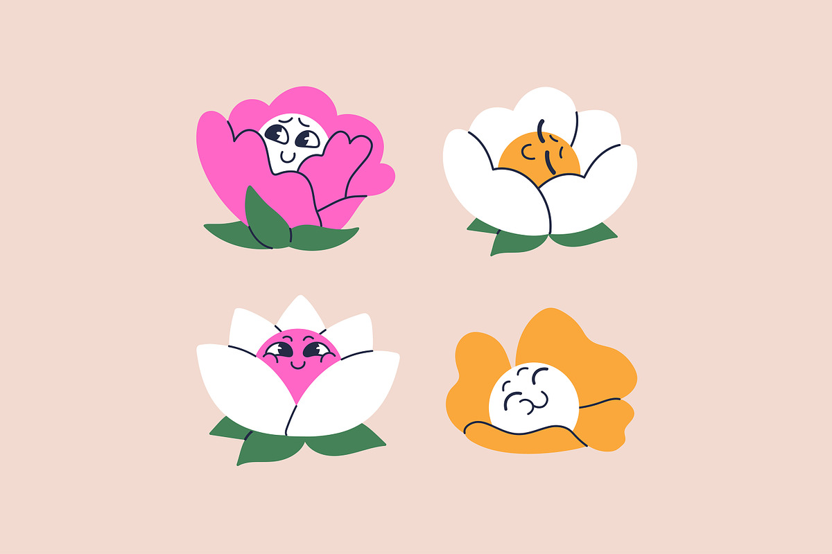 Cute groovy flowers set, backgrounds, a Decorative Illustration by PaperTrident (Photo 2 of 8)