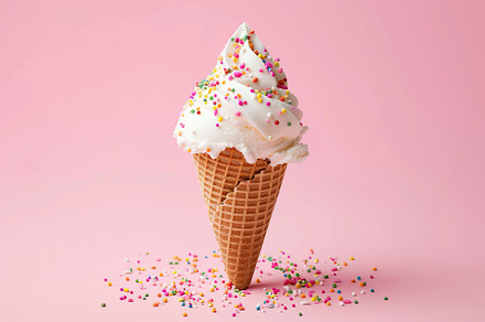 Ice cream with sprinkles in waffle cone on pink background, a Food & Drink Photo by AlyaAnd