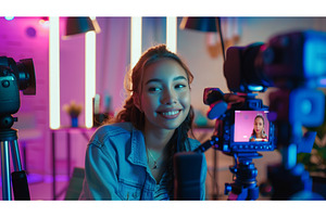 A young woman recording a video in a, a Person Photo by Sergey Kotenev