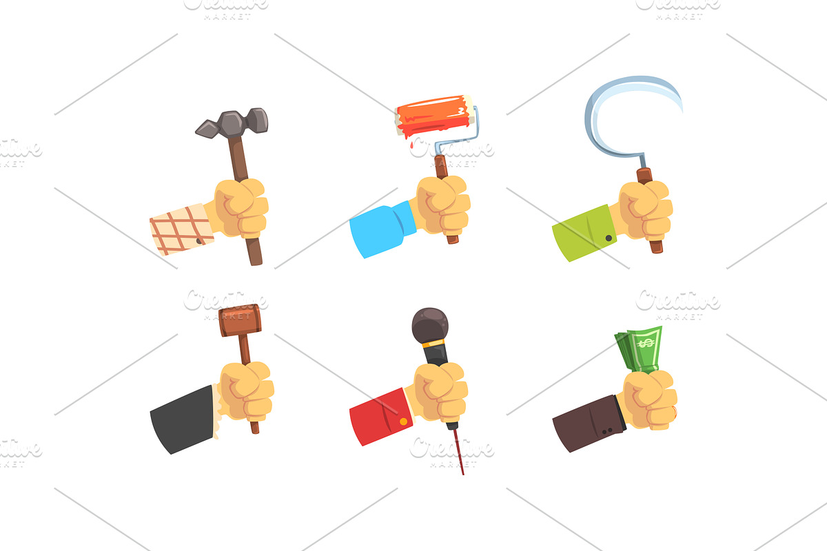 Hands Holding Tools Set, Male Hand, a Finance Illustration by TopVectors