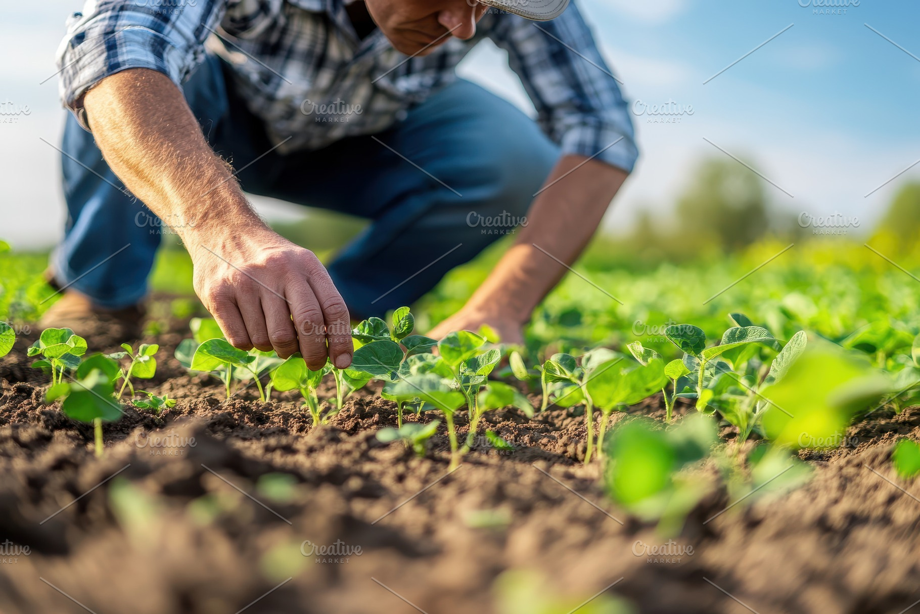 Farmer carefully examines soybean, a Photo by Pavel_design