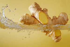 Ripe ginger falling into water on yellow background, a Food & Drink Photo by AlyaAnd