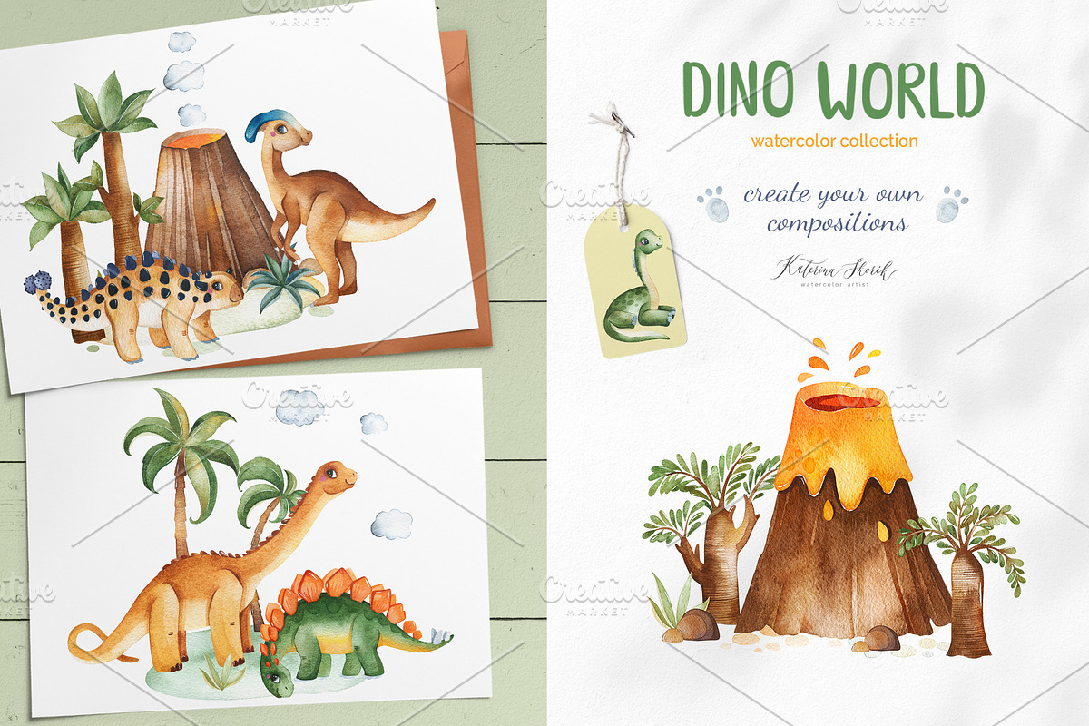 Dino World. Watercolor collection., an Animal Illustration by Kate_Rina (Photo 10 of 16)