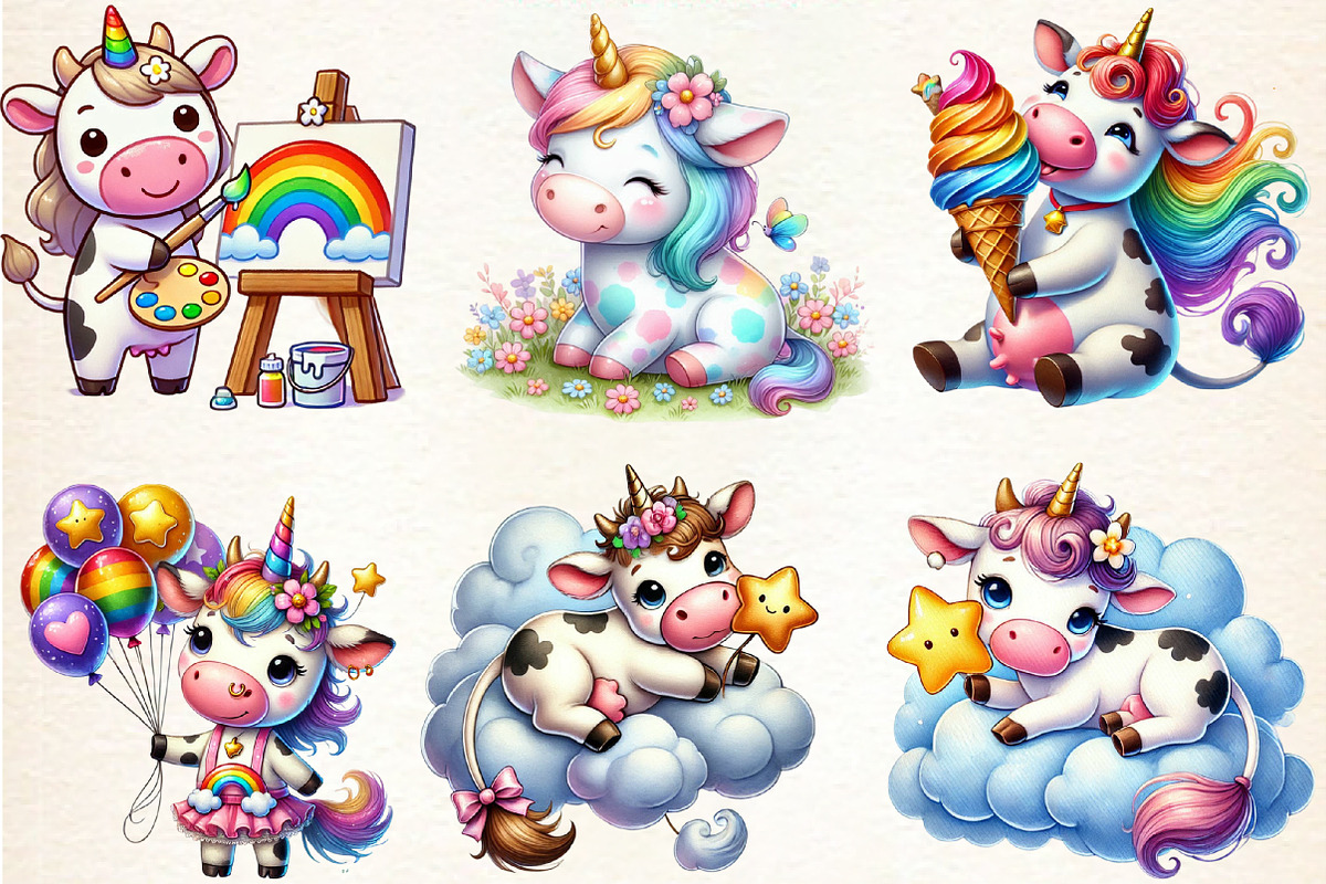 Watercolor Unicorn Cute Cow Clipart, a Seasonal Illustration by DreamArtGraphic (Photo 2 of 4)
