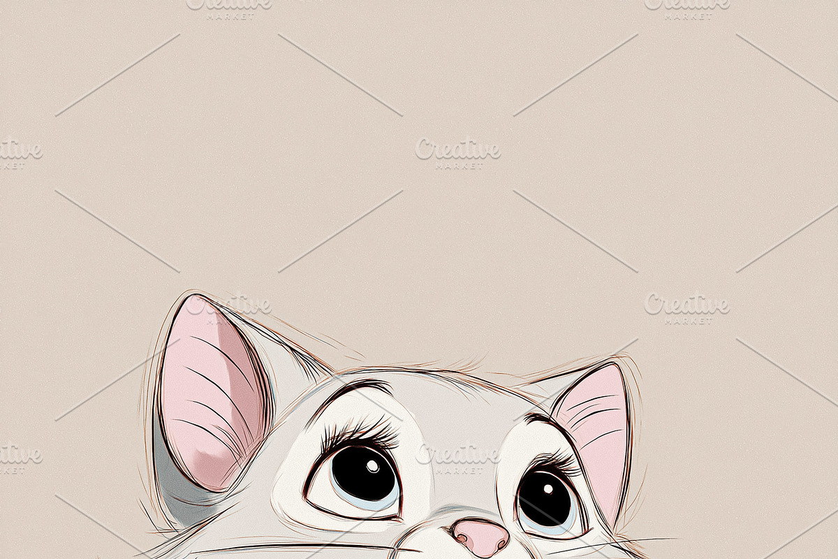 Adorable animated kitten looking up with big soulful eyes, evoki, a Decorative Illustration by Studio ANNA