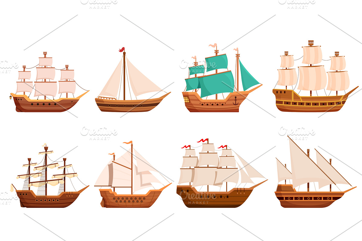 Cartoon vintage ships. Wooden ship, a Transportation Illustration by Valerie Bodnar