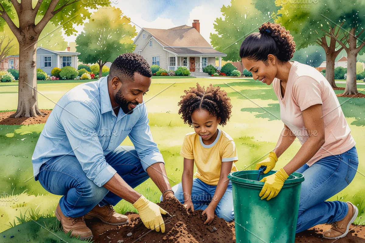 Black family practicing composting in their backyard, a Person Illustration by DanFLCreativo