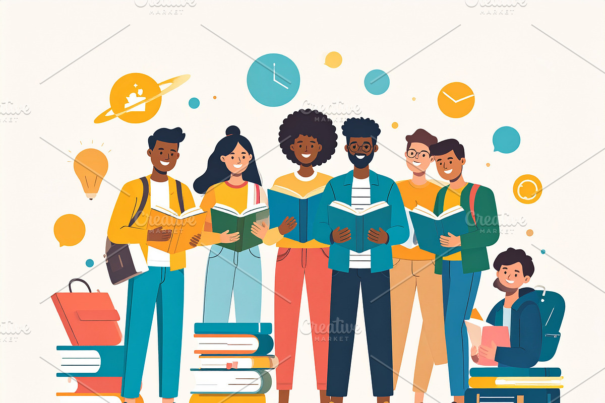 Illustration of diverse students with different skin tones posin, an Education Illustration by DanFLCreativo