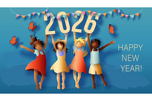 Happy cute children celebrating 2026, a Decorative Illustration by Valenty
