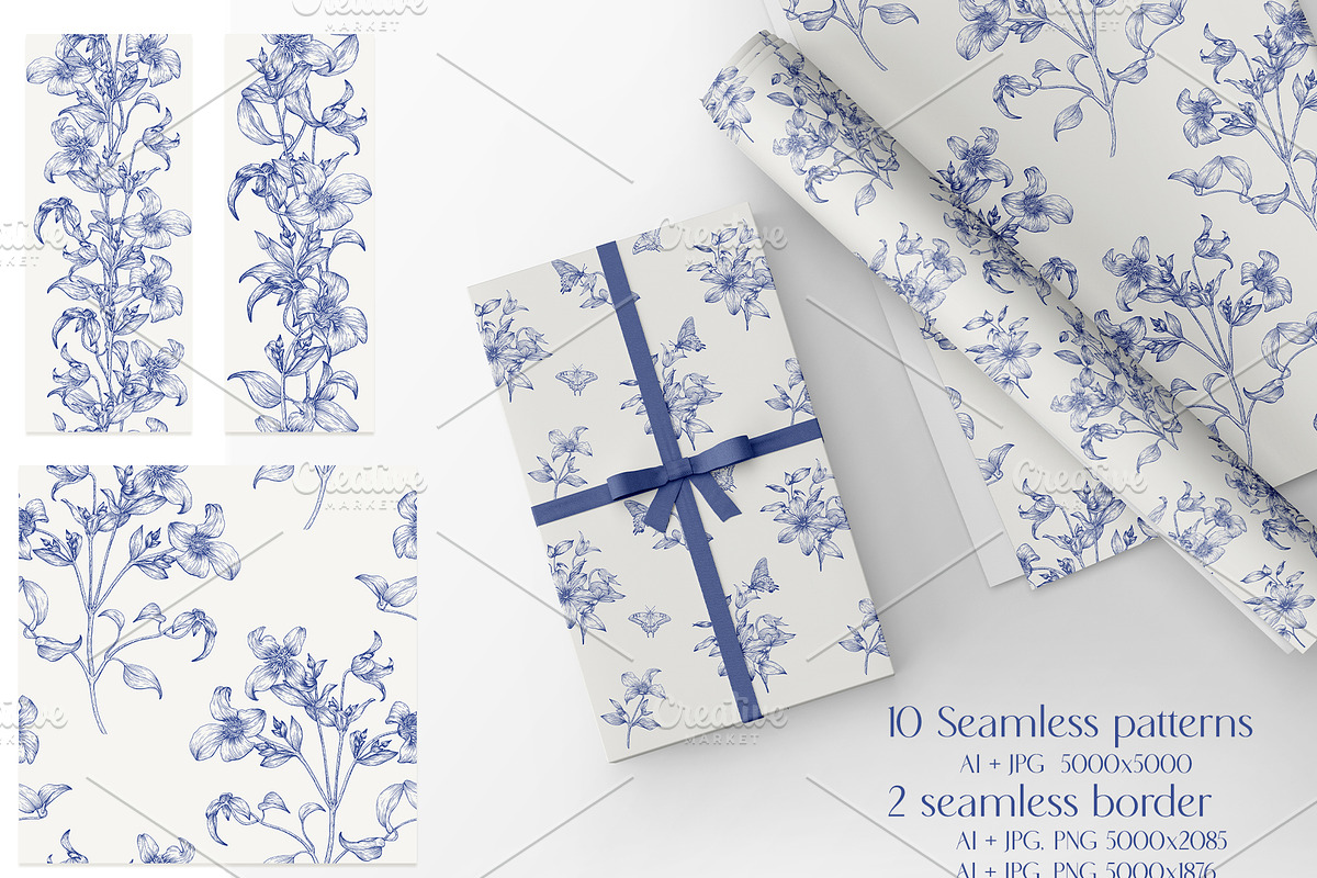 Vintage Flowers Vector blue Toile, an Object Graphic by ON_lineart_store (Photo 9 of 10)