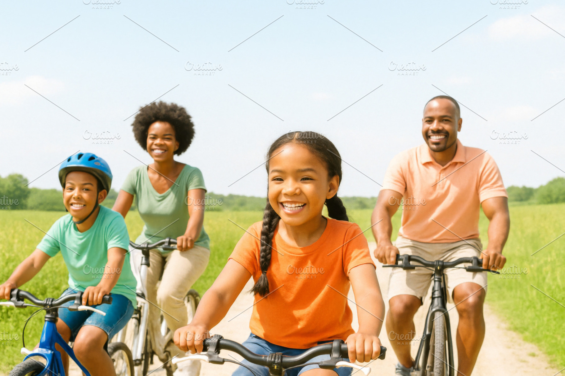 Family biking outdoors under clear s, a Photo by Dvoevnore photos