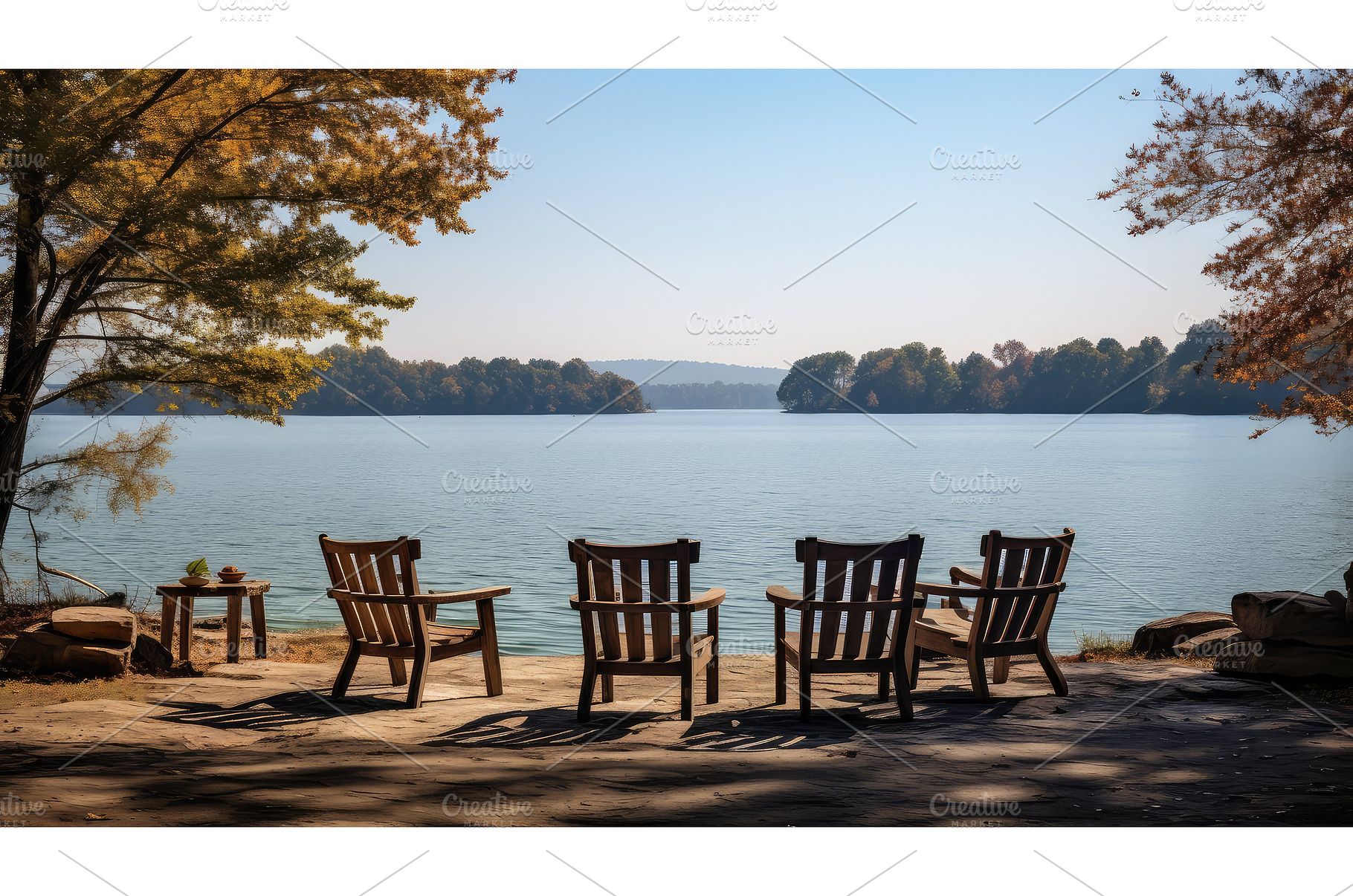 outdoors chairs by lake ai generated, a Nature Photo by pikepicture